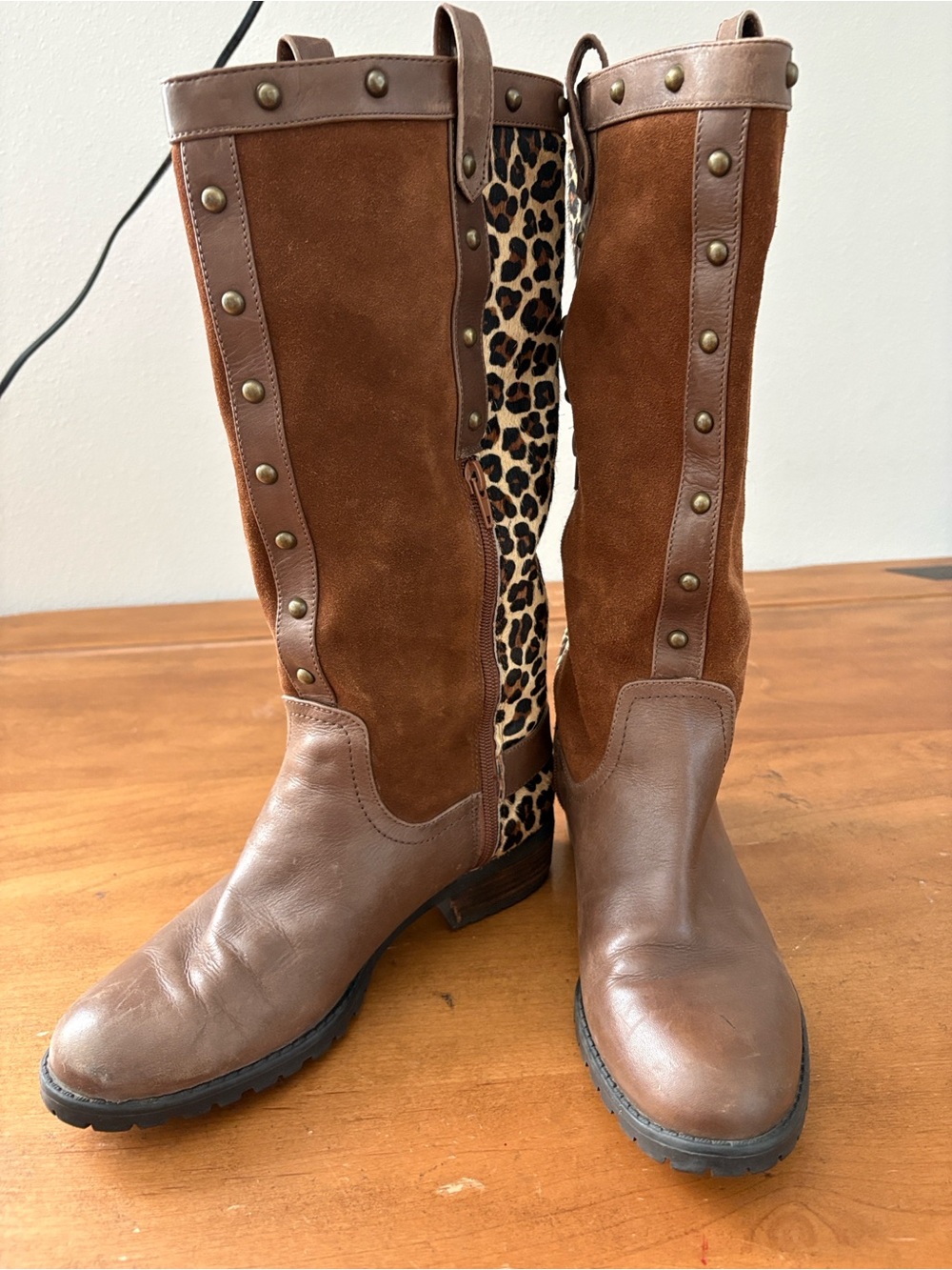 Steve Madden Suede & Leather Knee Boots with Leopard Panel Size 9